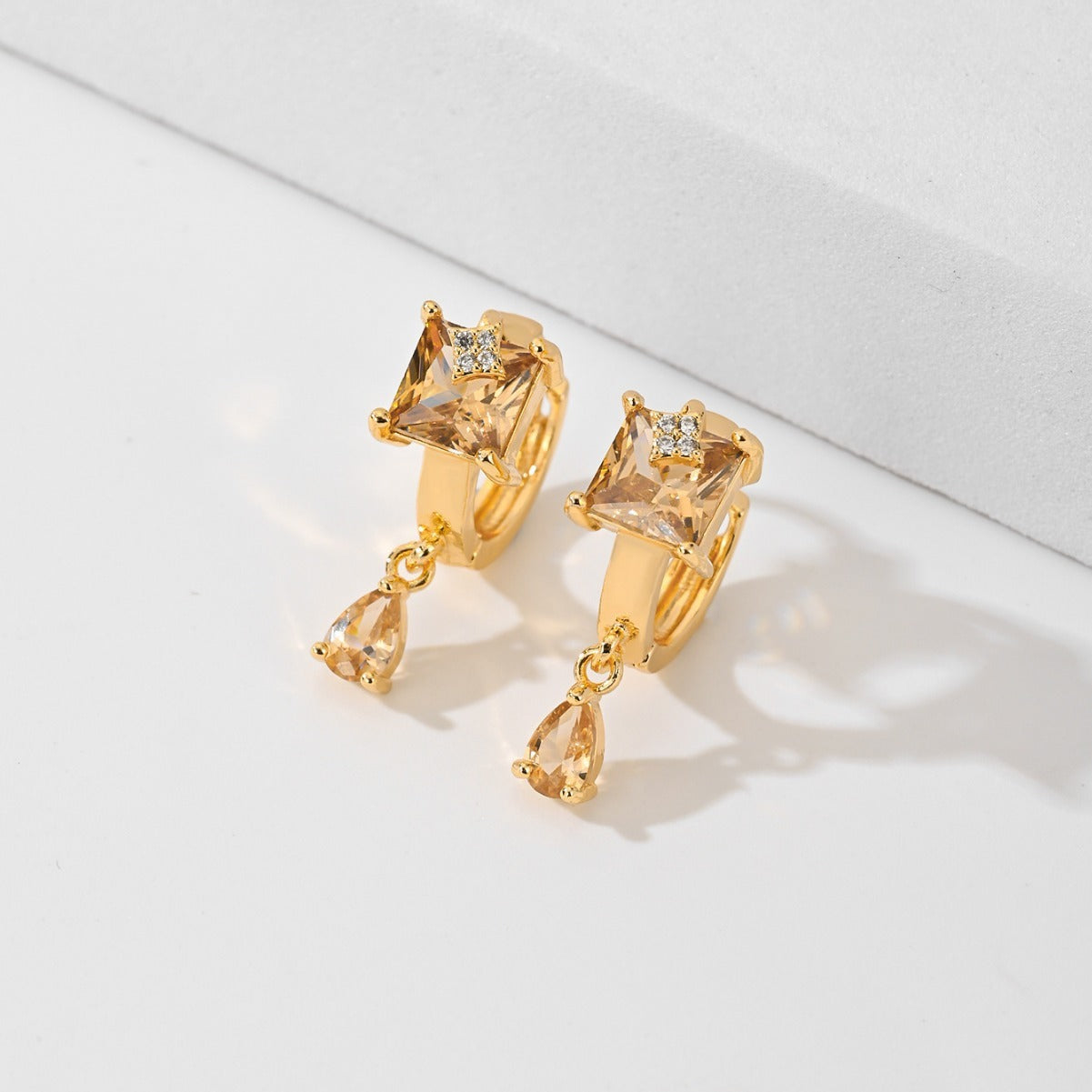 Square & Teardrop Gold Earrings with Crystal Accent