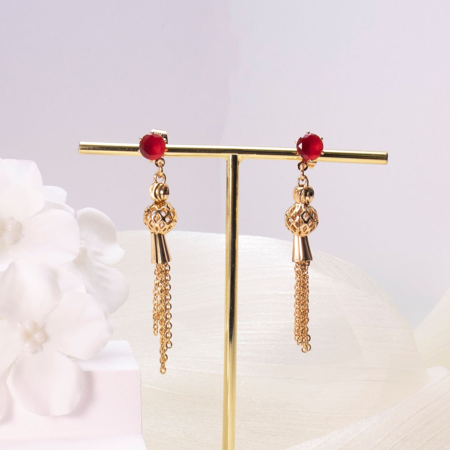 Ruby Red & Gold Tassel Drop Earrings