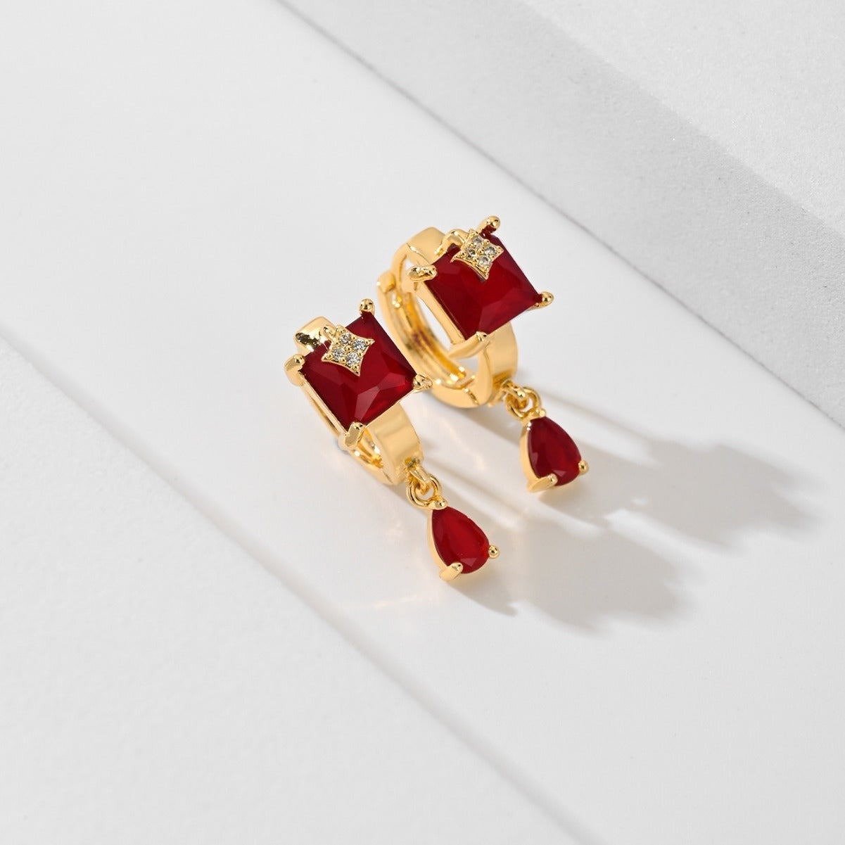 Square & Teardrop Gold Earrings with Crystal Accent