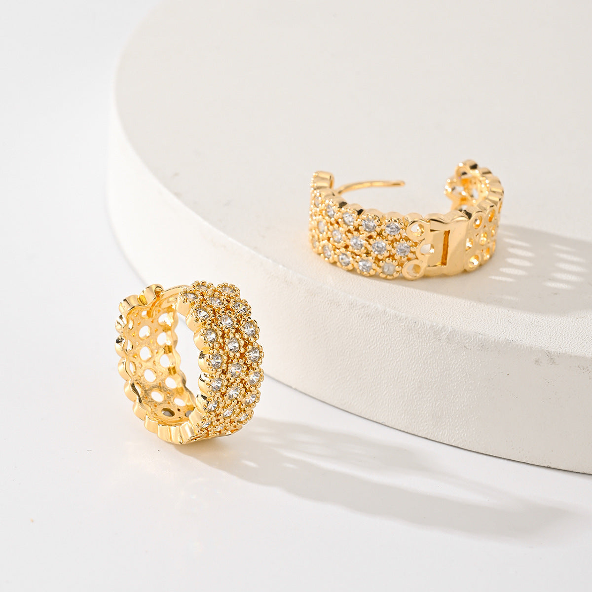 Luxe Pavé Crystal Honeycomb Huggie Hoop Earrings in Gold
