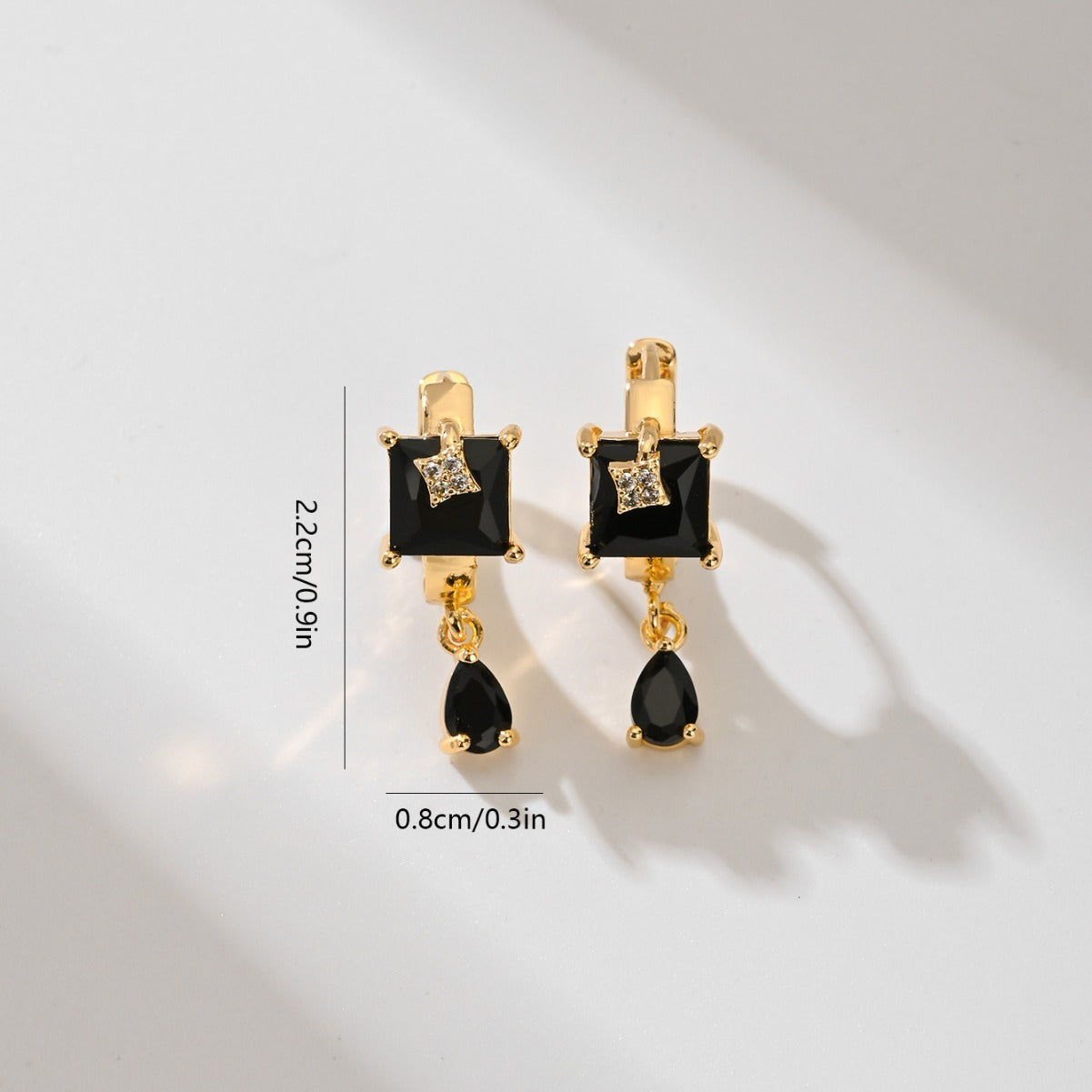 Square & Teardrop Gold Earrings with Crystal Accent