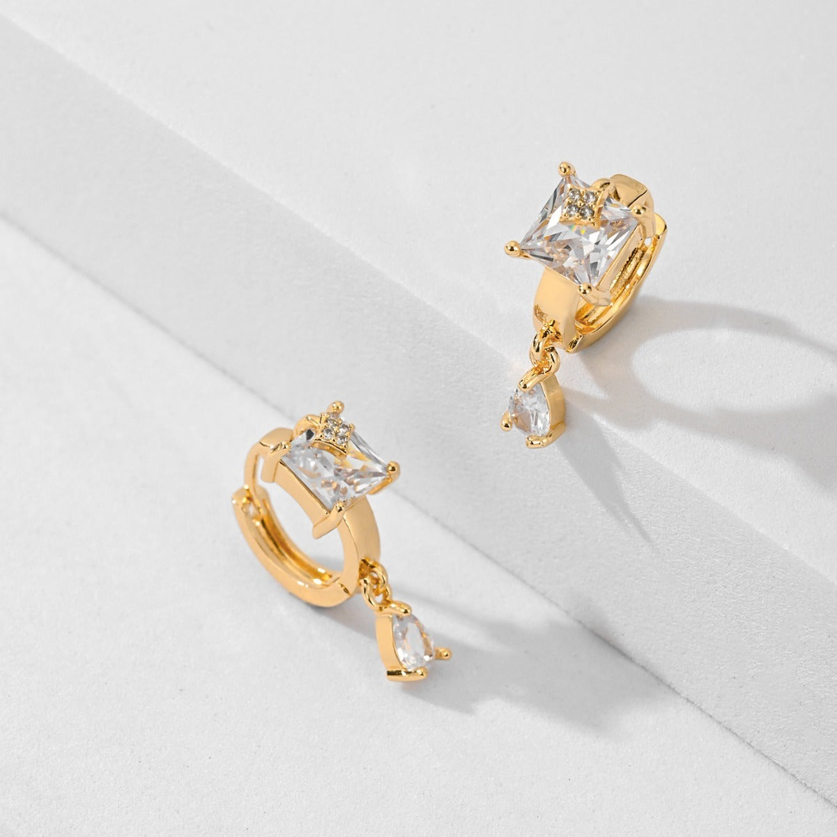 Square & Teardrop Gold Earrings with Crystal Accent