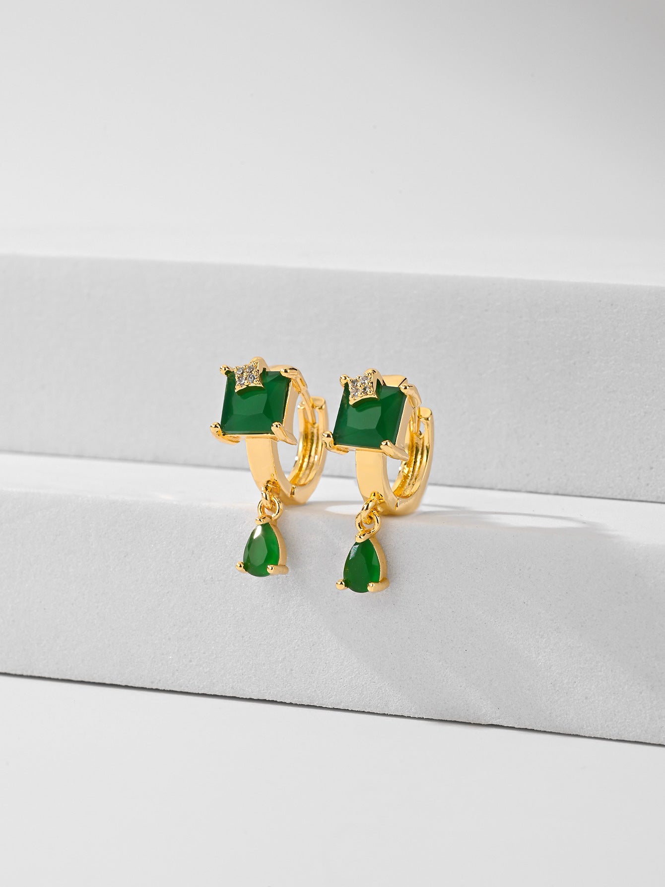 Square & Teardrop Gold Earrings with Crystal Accent