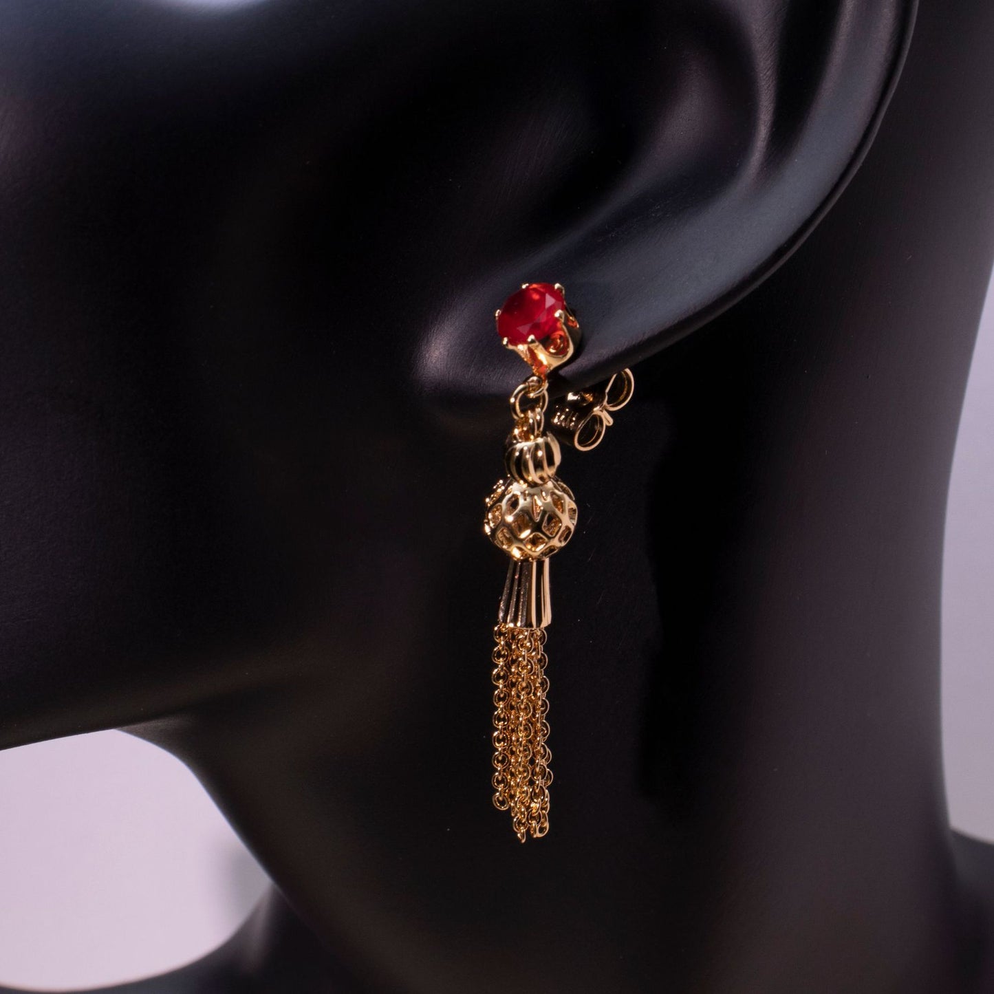 Ruby Red & Gold Tassel Drop Earrings