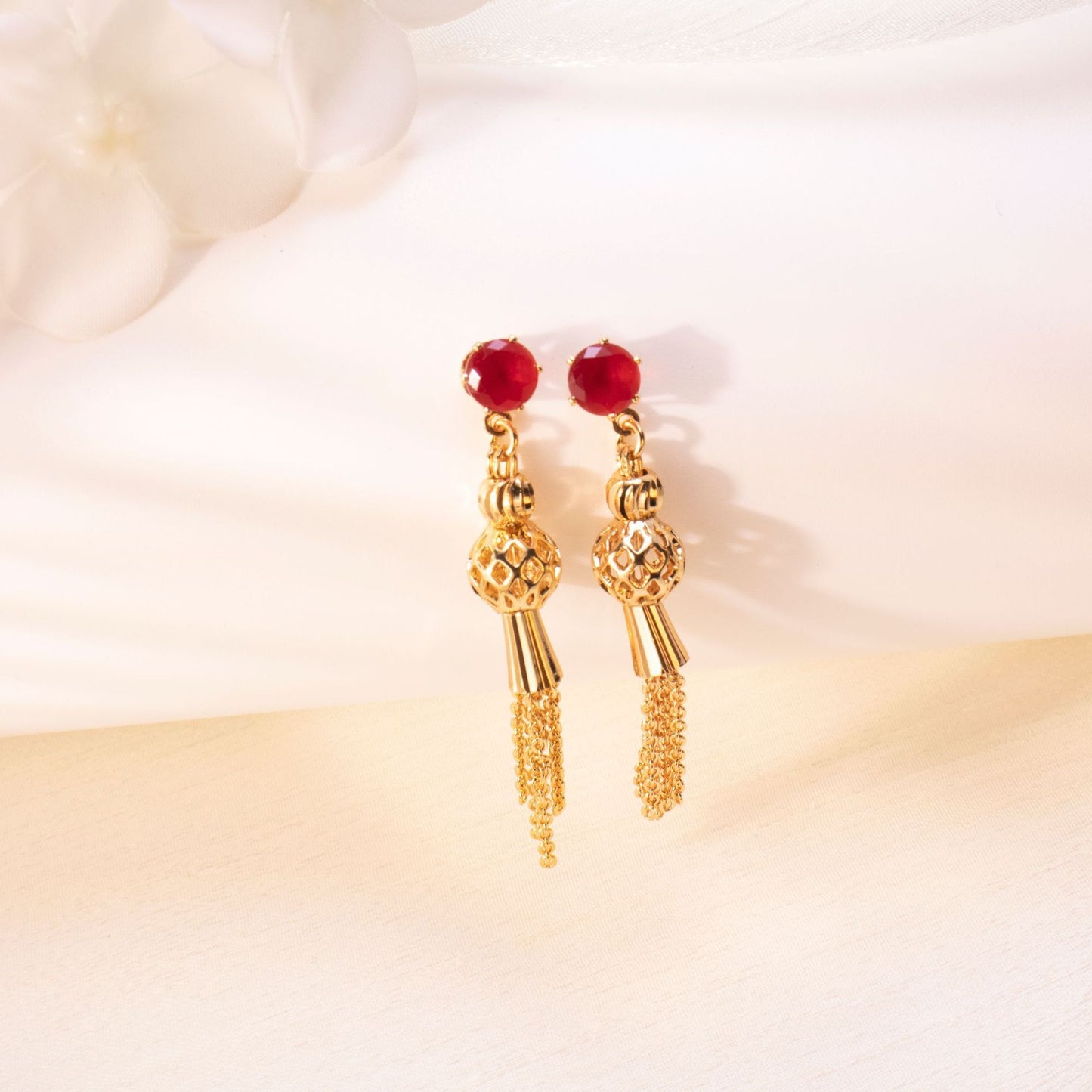 Ruby Red & Gold Tassel Drop Earrings